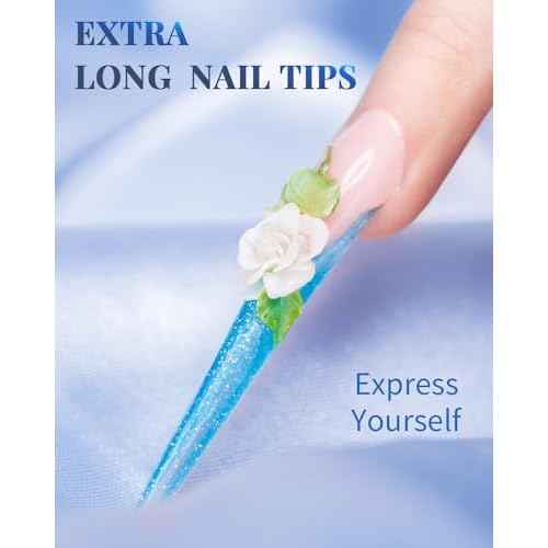 MORGLES 240 Pcs Half Cover Coffin Nail Tips Clear Acrylic Extra Long False Nail Tips with Glue, Clipper, Files and Cuticle Fork for Salons and Home DIY