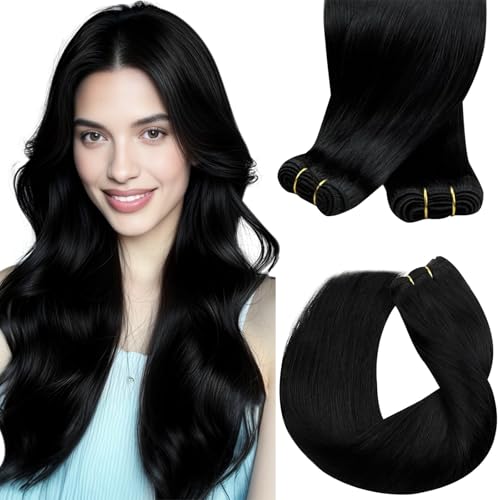 Sunny Hair 22 inch Sew in Hair Extensions Real Human Hair Jet Black Sew in Hair Extensions Long Hair Black Real Human Hair Extensions Weft Black Human Hair Weft Extensions for Women 100g