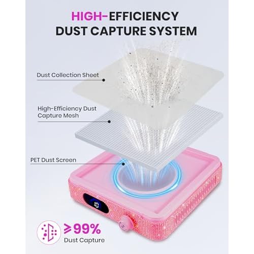 Cordless Nail Dust Collector, Rechargeable Powerful Suction Dust Collector for Nail Tech with 10 Speed Levels, Low Noise Nail Fan Dust Collector for Professional Salon & Home (Pink)