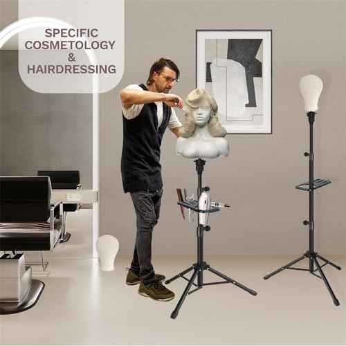 50 Inch Metal Wig Stand, Adjustable Wig Head Stand, Mannequin Head Stand for Cosmetology Hairdressing, Wig Stand Tripod with Tool Tray (Black, Mannequin Head Not Included)