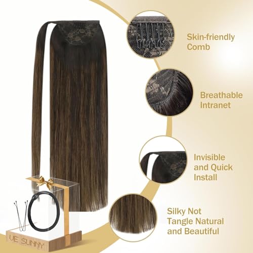 Ve Sunny Ponytail Extension Real Human Hair for Women Clip in Ponytail Hair Extension Straight Hair Pieces Wrap Around Dark Brown Mix Medium Brown Highlights Brown Balayage 14inch 80G