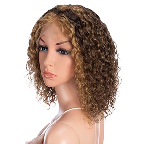 Style Icon Human Hair Wigs Short Curly Wigs Fluffy Afro Wigs T-Part Deep Wave Pre Plucked HD Lace Front Wigs (12", PI4/27)