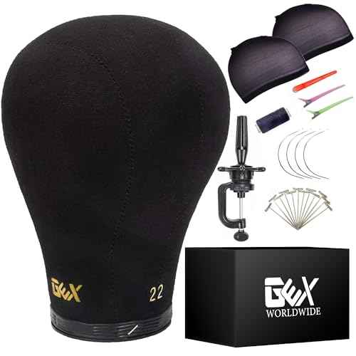 GEX 20"-24" Canvas Cork Wig Block Mannequin Head for Wig Making Drying Styling Display with Table C Clamp Stand Holder (Black 22")