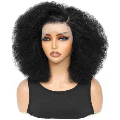 Afro Kinky Curly Wig 13x4 Lace Front Wigs 180% Density Human Hair Blended Kinky Curly Lace Frontal Wigs for Black Women 18 Inch Natural Black