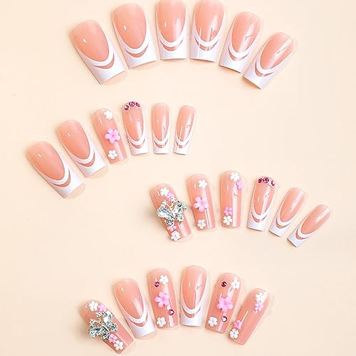 French Fake Flower Nails Square False Nails Full Cover Butterfly Acrylic Shiny Fake Nails for Women and Girls 24PCS