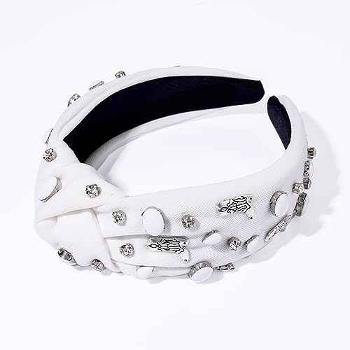 Crystal Knotted Headbands for Women Let's Go Girls Turquoise Cowgirl Boot Headband Rhinestone Embellished Top Knot Hairband Western Country Cowboy Shoe Wide Turban Hair Hoop (D White Cowgirl Boot)