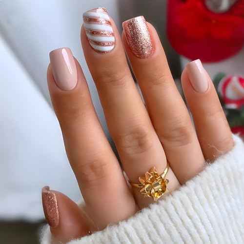 24Pcs Pink Press on Nails Short Square - QUNQINLI Christmas Glitter Fake Nails with Xmas Glitter Stripe Designs Glue on Nails Christmas Nails Full Cover Glossy Artificial False Nails for Women
