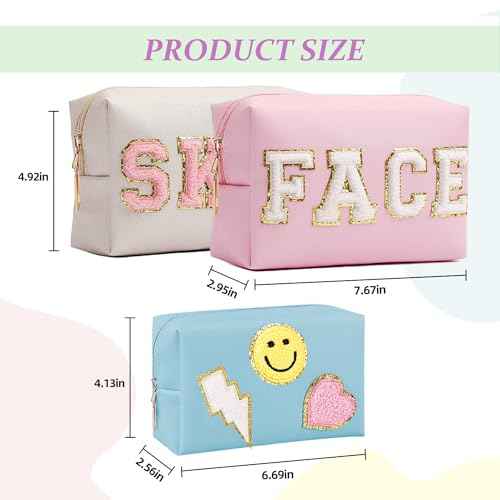 GEMLORD 3 Pieces Preppy Patch Makeup Bag, Small Chenille Letter Cosmetic Bag, PU Leather Waterproof Zipper Skin Care Toiletry Bags for Teen Girls, Portable Preppy Gift for Women(White, Blue, Pink)