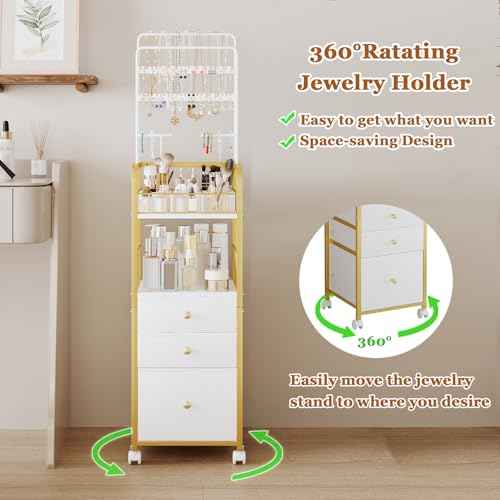Makeup Organizer Cart with 3 Drawers, Jewelry Organizers and Storage for Earring Necklace, Large Vanity Storage Organizer for Skin Care Perfume Make up Brush Nail Polish Hair Tool (Gold)