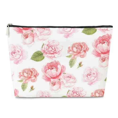 Floral Pink Makeup Bag Gift, Coquette Trendy Cute Zipper Travel Toiletry Cosmetic Bag, Preppy PU Leather Organizer for Women, Coquette Birthday Gifts for Sister, Teen, Daughter, Bff, Friend