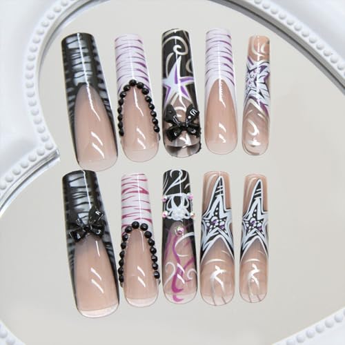 SINHOT Square Press on Nails Long Fake Nails Glossy Glue on Nails Zebra Stripes Acrylic Nails 3D Bowknot Squoval Artificial Nails Purple Star Stick on False Nails with Design 24 pcs