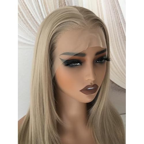 Ash Brown Layered Wig Pre Plucked Synthetic 13x6 Glueless Straight Lace Front Wig for Beginner Wear and Go 5D Arched Mesh Cap Natural Looking Wigs for Women 22 Inch Natural Density