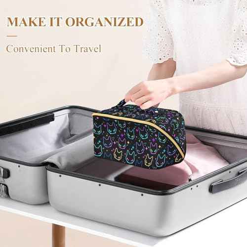 Makeup Organizer Bag, Colorful Neon Cat Heads Travel Makeup Bags Makeup Vanity Case Large Capacity Rhombus Cosmetic Toiletry Bag for Girl Women Ladies