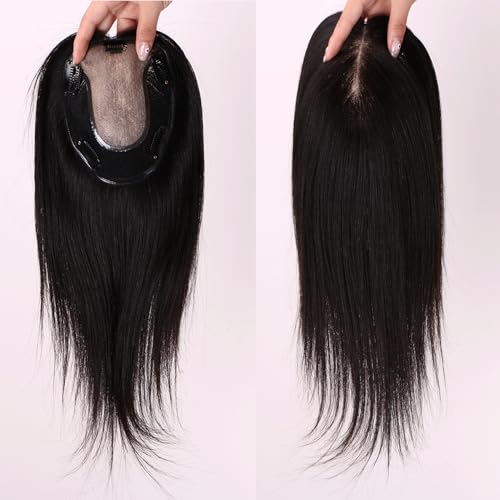 Hair Toppers for Women with Thinning Silk Base for Women Clip in Hair Toppers with Bangs 12 Inch #1B Natural Black