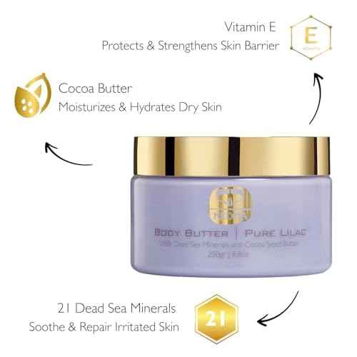KEDMA Pure Lilac Body Butter ? Nourishing Dead Sea Minerals Body Cream with Cocoa Butter, Rice Bran Oil & Vitamin E ? Hydrating Moisturizer for Dry Skin - 8.8 oz