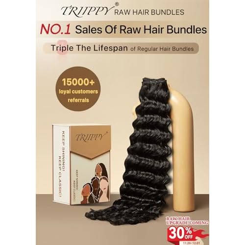TRIIPPY Deep Wave Bundles Human Hair,Curly Single Bundle by 100% Raw Cambodian Human Hair,Triple The Lifespan Over Regular Virgin Hair Bundle,No.1 Raw Hair Brand On Amazon(14 Inch,Natural Color)