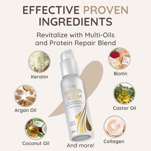 VITAMINS hair cosmetics Keratin Hair Serum for Frizzy and Damaged Hair - Anti Frizz Serum with Biotin, Castor Oil & Collagen for Heat Protection, Shine and Gloss Treatment - 4.25 Fl Oz