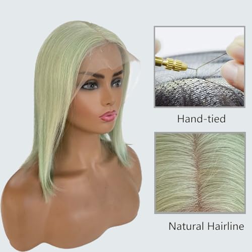 13x4 Free Part Wigs,Bleached Knots Lace Bob Wig Colored Mint Green,Full and Thick Remy Human Hair Wig Pre Plucked with Baby Hair,Straight HD Lace Front Wigs 180% Density(12Inch,Mint Green)