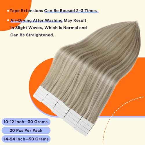 Full Shine Tape in Hair Extensions Human Hair 18 Inch Remy Human Hair Tape in Extensions Color 18/613 Ash Blonde Highlight with Platinum Blonde Invisible Hair Extensions Tape Ins 20Pcs 50Grams