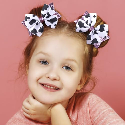Cow Print Hair Bow Clips,2PCS Bow Hair Clips with Pink Grosgrain Ribbon,Cute Cow Print Clips Hair Accessories for Children Girls Birthday Party Decorat
