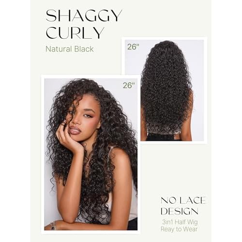 Frodio Curly Half Wig 26 Inches Veralux¢â Fiber Blend Human Hair 3 in 1 Shaggy Waves Flip Over Drawstring Wig 200% Density Glueless Wigs Natural Black Ready to Go Headband Wig for Women