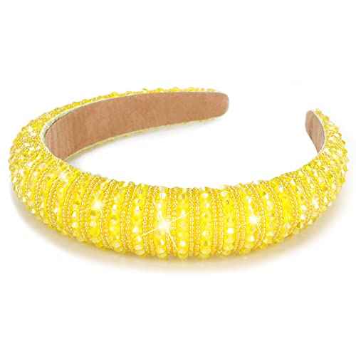 Wecoe Yellow Headband Fashion Rhinestone Padded Headband Women Cute Fancy Bling Diamond Sparkle Crystal Beaded Hairband Homecoming Prom Holiday Hair Accessories For Women Girls Birthday Gifts