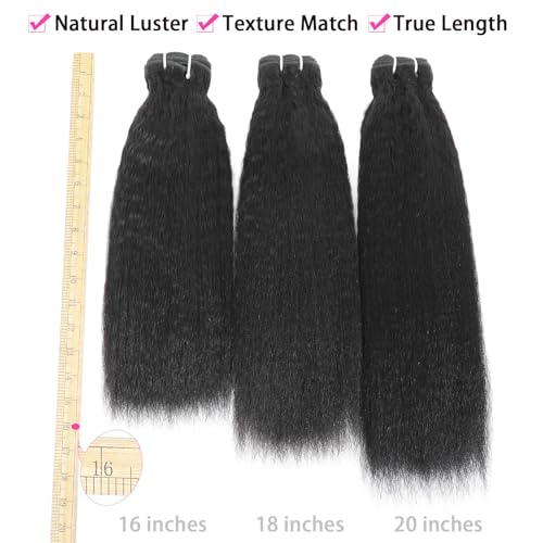 Kinky Straight Human Hair Bundles 16 18 20 Inch 12A 100% Unprocessed Brazilian Virgin Hair 3 Bundles Yaki Straight Bundles for Black Women Quick Weave Natural Black Color