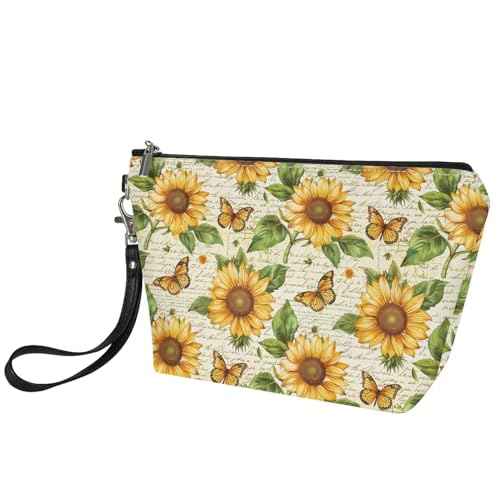 Retro Sunflower Butterfly Cosmetic Bag for Women Travel Organizer Makeup Bag Zipper Purse Lightweight Toiletry Organizer Pouch Clutch Bag with Wrist Strap