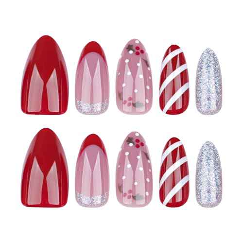Christmas Press on Nails Almond Medium Fake Nails Red French False Nails with Silver Glitter Design Glue on Nails Xmas Candy Full Cover Stick on Nails Glossy Acrylic Nails for Women Manicure 24Pcs