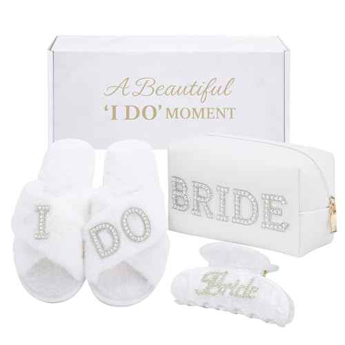 Bridal Shower Gifts, Bride To Be Gift Set, Wedding Gifts for Bride, Bachelorette Gifts for Bride, Engagement Gift for Her, Bachelor Party Christmas Gifts, Makeup Bag, I DO Slippers, Hair Clip