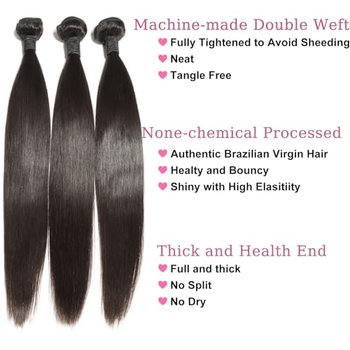 12A Straight Human Hair Bundles 3 Pcs 16 Inch 100% Real Human Hair Extension Unprocessed Brazilian Virgin Human Hair Quick Weave Straight Bundles Human Hair Natural Color for Black Women