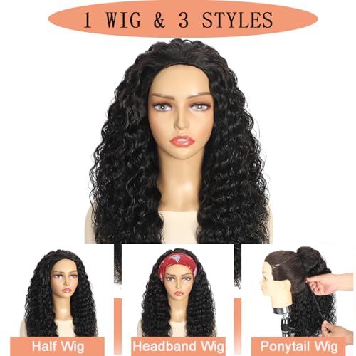 Half Wig Human Hair Deep Wave 3 In 1 Half Wigs for Black Women 200% Density Wear and Go Glueless Wigs Human Hair Drawstring Ponytail Seamless Flip Over No Lace Headband Wig Beginner Friendly 16 Inch