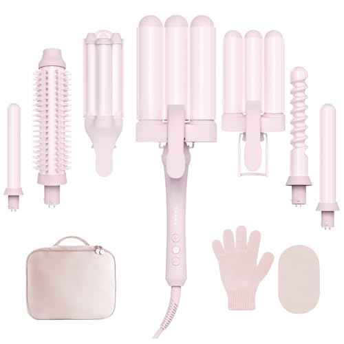 Curling Iron Set 7-in-1, Curling Wand Set with 7 Interchangeable Barrels Included A Heated Round Brush, 3 Hair Crimper, Ceramic Coating Protect Hair, with Gift Package (0.6"-1.25") Pink