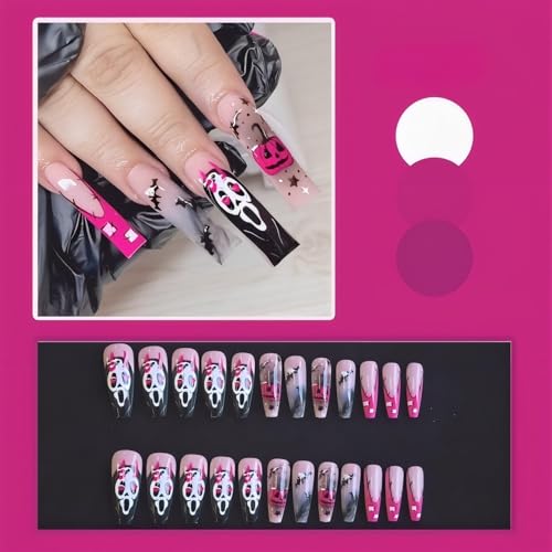 Halloween Long Press on Nails xl Coffin Fake Nail French Tip Ghost Faces Designs False Nails Press Ons Pink Pumpkin Stick on Nails Full Cover Artificial Nails Gift for Women 24pcs