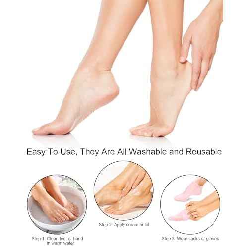 2 Pairs Silicone Moisturizing Glove Socks Set, Anti Slip Soft Spa Gel Socks Softening Feet Dry Cracked Skin, Women Spa Pedicure Socks for Foot Hand Softening, Foot Care After Pedicure (White)