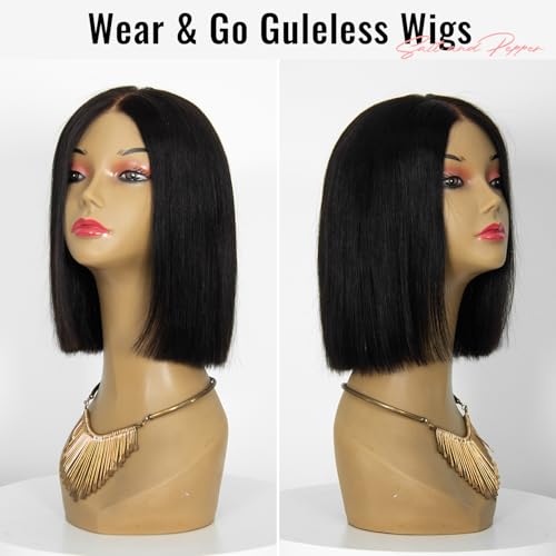 Wear and Go Glueless Wigs Human Hair Pre Plucked Pre Cut, Blunt Cut Bob Wigs Human Hair Bleached Knots 210% Density 12A Brazilian Virgin Hair 5x5 HD Lace Closure Wigs Black Women 10 Inch