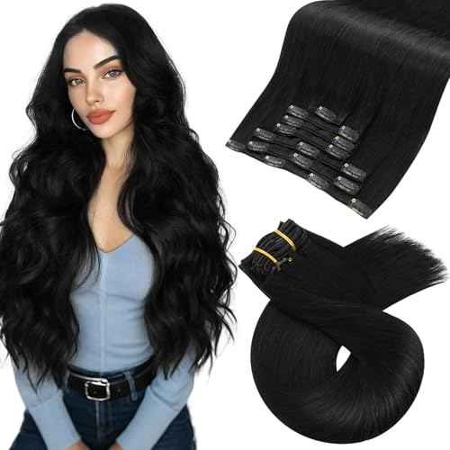 Moresoo Black Clip in Hair Extensions Real Human Hair Clip in Extensions Black Hair Extensions for Women Remy Double Weft 120g/7pcs 20 Inch