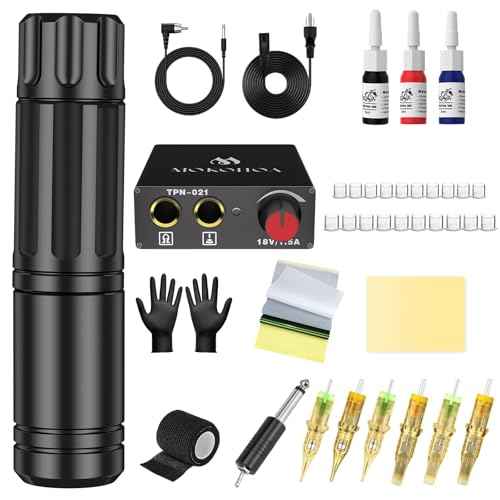 Tattoo Machine Kit,Tattoo Pen Machine with Power Supply, 6 Cartridge Needles, Semi Permanent Makeup Practice Set,Rotary Tattoo Machine (Black)