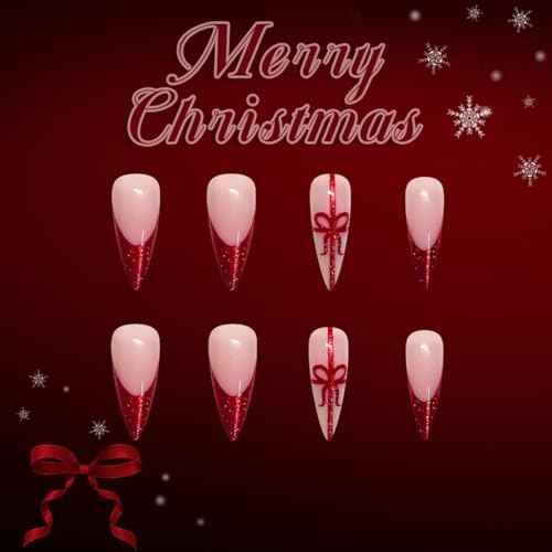 Christmas Nail press ons Red Fake Nails Long Stiletto False Nail with Bow Design Glitter Glue on Nails Artificial Acrylic Full Cover Stick on Nail for Women Girls Xmas Manicure 24Pcs