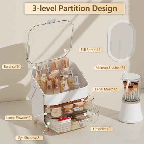 Makeup Organizer, skincare Organizers with Drawers and Lid, Makeup Organizer for Vanity with Handle for Vanity, Dresser, Bathroom Countertop, Christmas Gifts for Teen Girls Countertop(Silver)