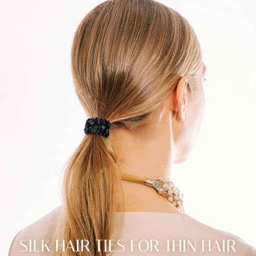 OLESILK Silk Hair Ties for Women: 100% Mulberry Skinny Silk Scrunchies, Soft Smooth No Damage No Crease for Thin Fine Curly Hair 5 Pack, Black