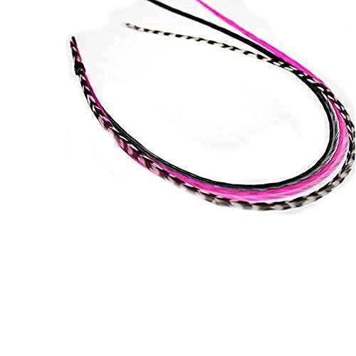 Feather Hair Extension ? Hot Pink, Black, and Grizzly Feathers, All Bonded Together at the Tip, Ranging From 6 to 11 Inches in Length, With a Total of 5 Feathers