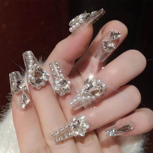 Luxury Press on Nails Coffin Medium Fake Nails Luxury Rhinestones 3D Charm Acrylic Nails Press ons Handmade Glue on Nails Glossy Stick on Nails for Women 24 Pcs