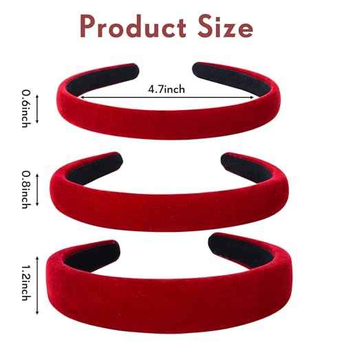 Etercycle Red Christmas Headband, 3 Different Width Thick Headbands for Women, Velvet Sponge Hairband Soft Vintage Hair Bands Padded Head Bands Hair Accessories Gifts