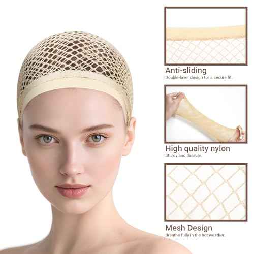 MORGLES 3 Pcs Beige Wig Caps for Long Hair, Nylon Hair Nets for Women, Mesh Wig Cap for for Women Non Slip, Accessory for Halloween Party Cosplay