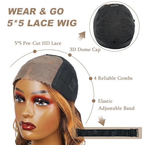 22 Inch 5x5 HD Lace Closure Wigs Human Hair Wear and Go Glueless Wigs Pre Plucked Pre Cut 180% Highlight Ombre Lace Front Wig 4/27 HD Honey Blonde Wig Human Hair
