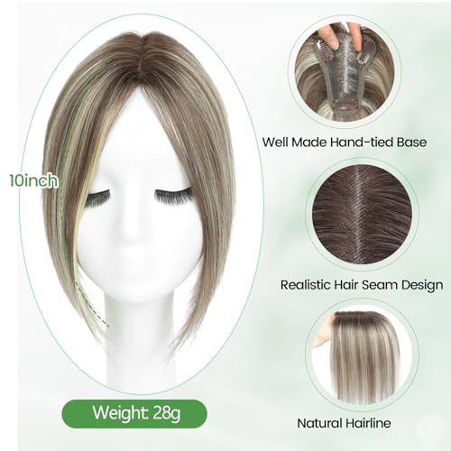 Hair Toppers for Women Upgrade Swiss Lace Base Hair Topper 10inch Hairpieces for Women with Hairloss (Ombre Medium Brown with Blond Highlight)
