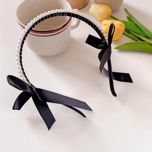 Pearl Headbands for Women Girls Sweet Satin Bow Headbands Non Slip Bridal Hair Hoop Cute Black Turban Headband Bling Beaded Head Bands Party Wedding Headwear Vintage Styling Tools Accessories