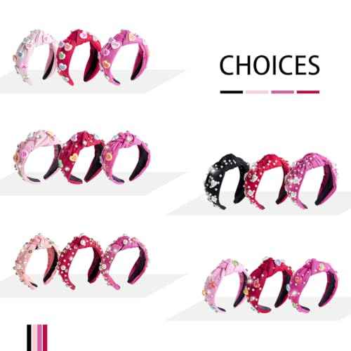 TANOSII Valentine¡¯s Day Knotted Headband for Women Wide Headbands Hair Accessories Jeweled Hairband Bling Heart Rhinestones Rose Red