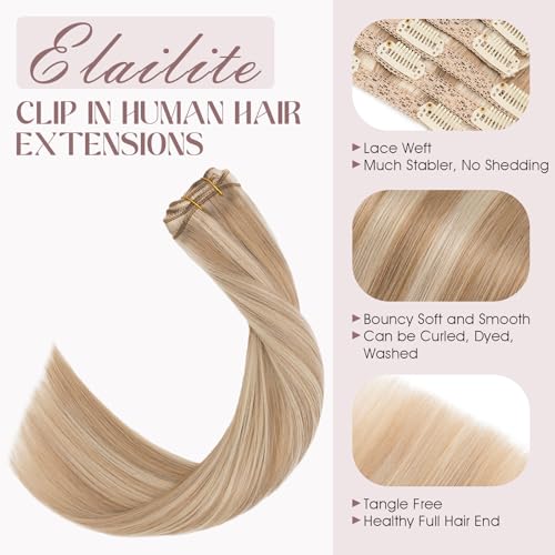 Elailite Clip in Hair Extensions Real Human Hair, Remy Hairpieces for Women, 7PCS Lace Weft Full Head, 14 Inch 100g Golden brown & Bleach Blonde